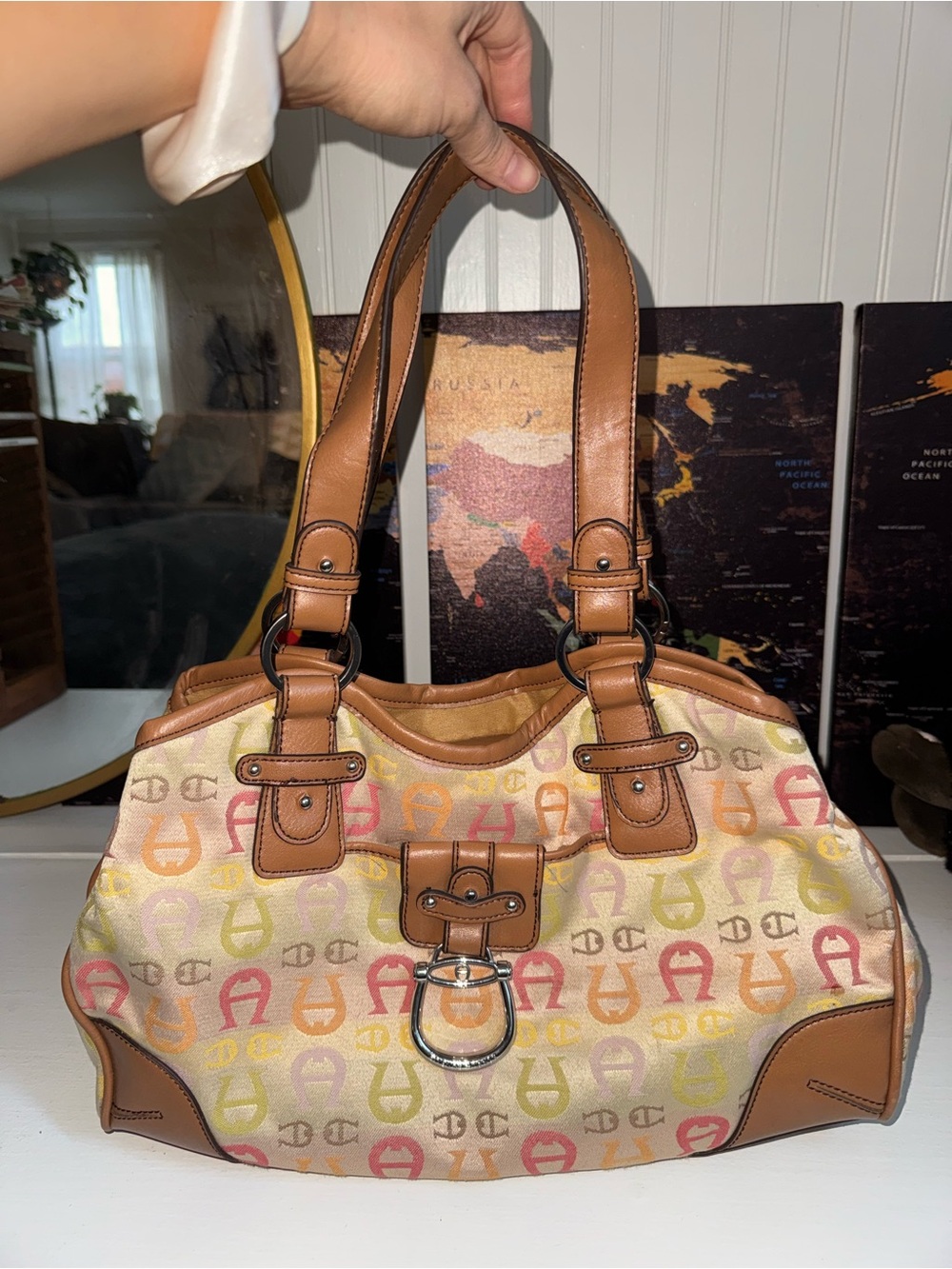Etienne Aigner Tan Leather-Trim Multicolor Logo Shoulder Bag